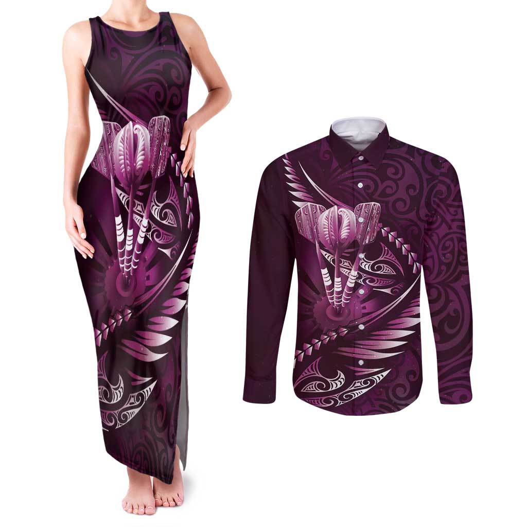 Personalised All Pink New Zealand Darts Couples Matching Tank Maxi Dress and Long Sleeve Button Shirt Aoteroa Fern Maori Galaxy Style