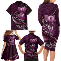 Personalised All Pink New Zealand Darts Family Matching Long Sleeve Bodycon Dress and Hawaiian Shirt Aoteroa Fern Maori Galaxy Style