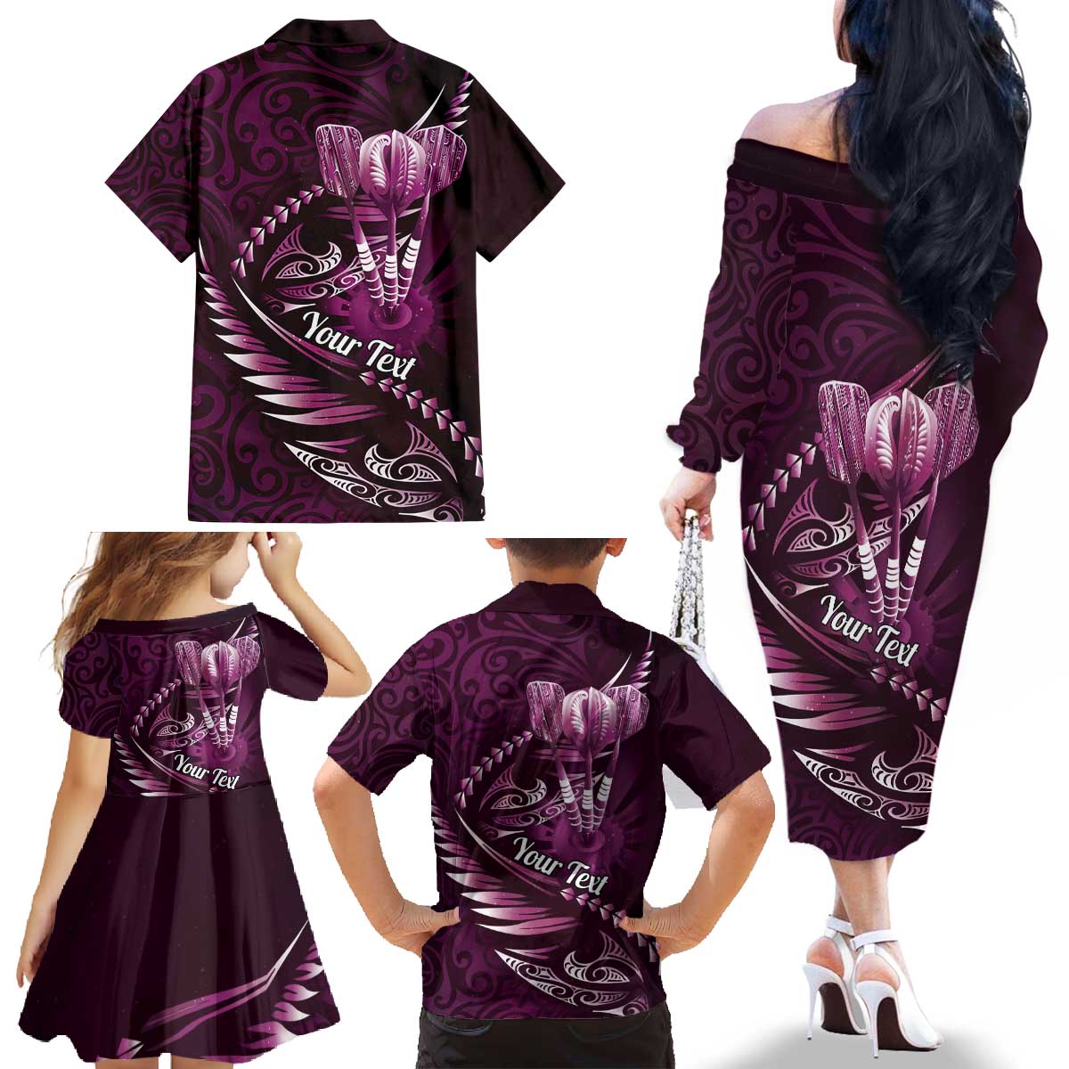 Personalised All Pink New Zealand Darts Family Matching Off The Shoulder Long Sleeve Dress and Hawaiian Shirt Aoteroa Fern Maori Galaxy Style