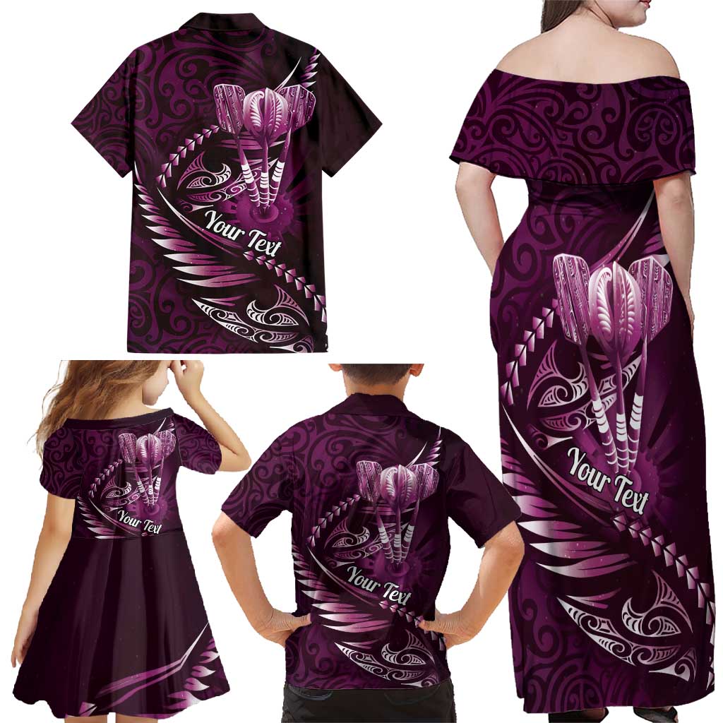 Personalised All Pink New Zealand Darts Family Matching Off Shoulder Maxi Dress and Hawaiian Shirt Aoteroa Fern Maori Galaxy Style