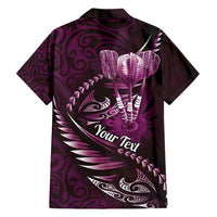 Personalised All Pink New Zealand Darts Family Matching Short Sleeve Bodycon Dress and Hawaiian Shirt Aoteroa Fern Maori Galaxy Style