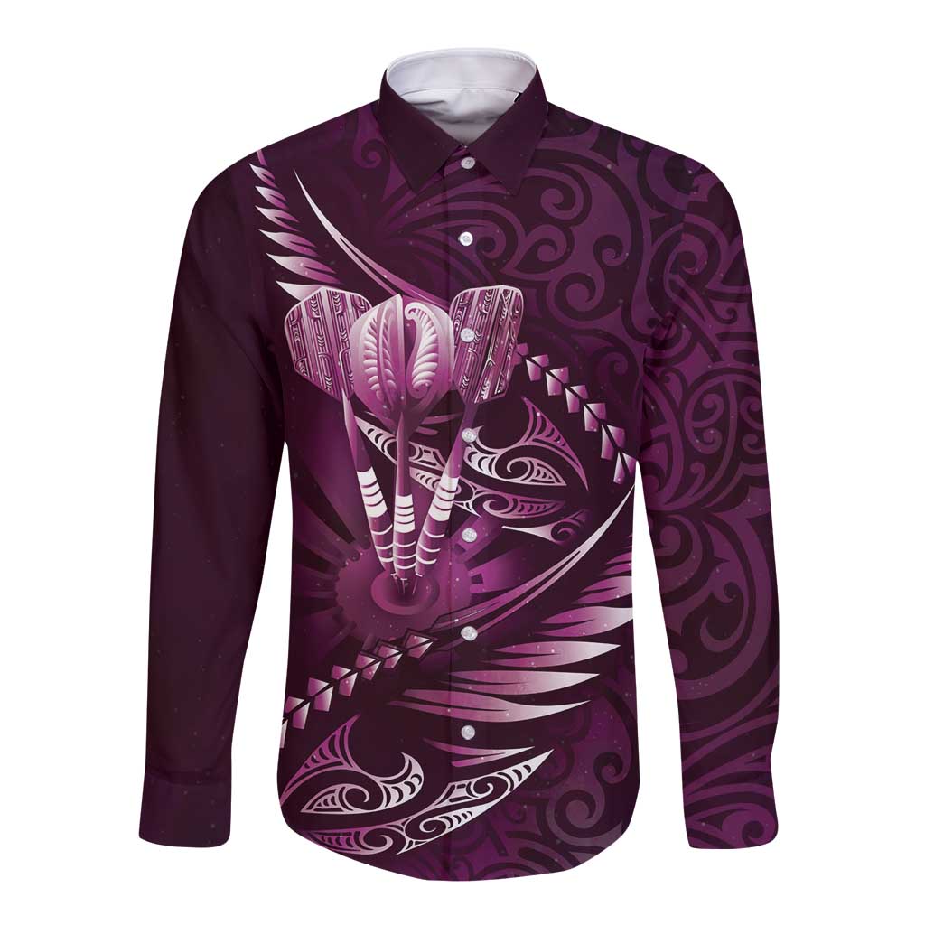 Personalised All Pink New Zealand Darts Long Sleeve Button Shirt Aoteroa Fern Maori Galaxy Style