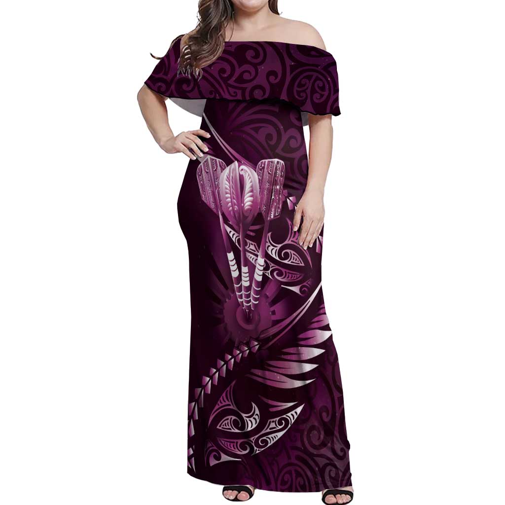 Personalised All Pink New Zealand Darts Off Shoulder Maxi Dress Aoteroa Fern Maori Galaxy Style
