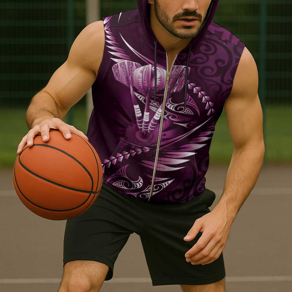 Personalised All Pink New Zealand Darts Sleeveless Zip Hoodie Aoteroa Fern Maori Galaxy Style - Polynesian Pride