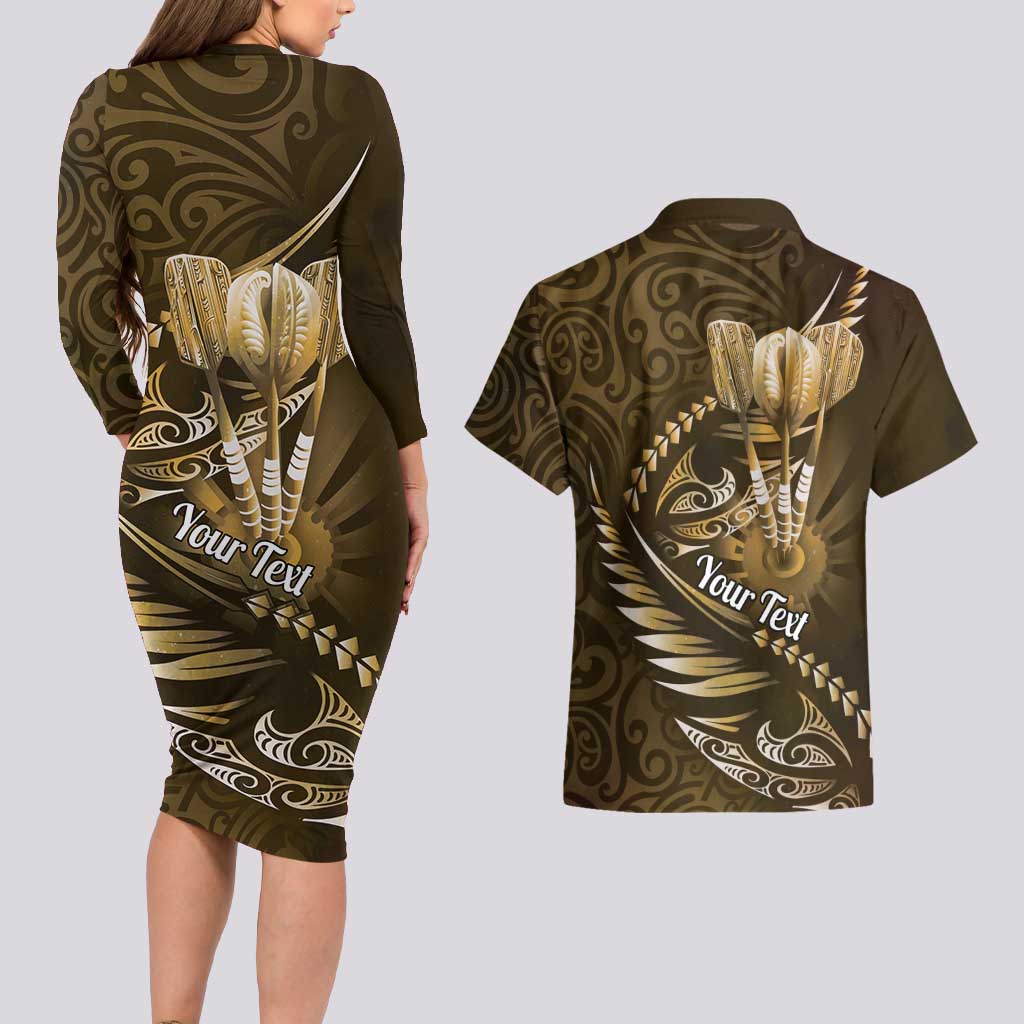 Personalised All Gold New Zealand Darts Couples Matching Long Sleeve Bodycon Dress and Hawaiian Shirt Aoteroa Fern Maori Galaxy Style