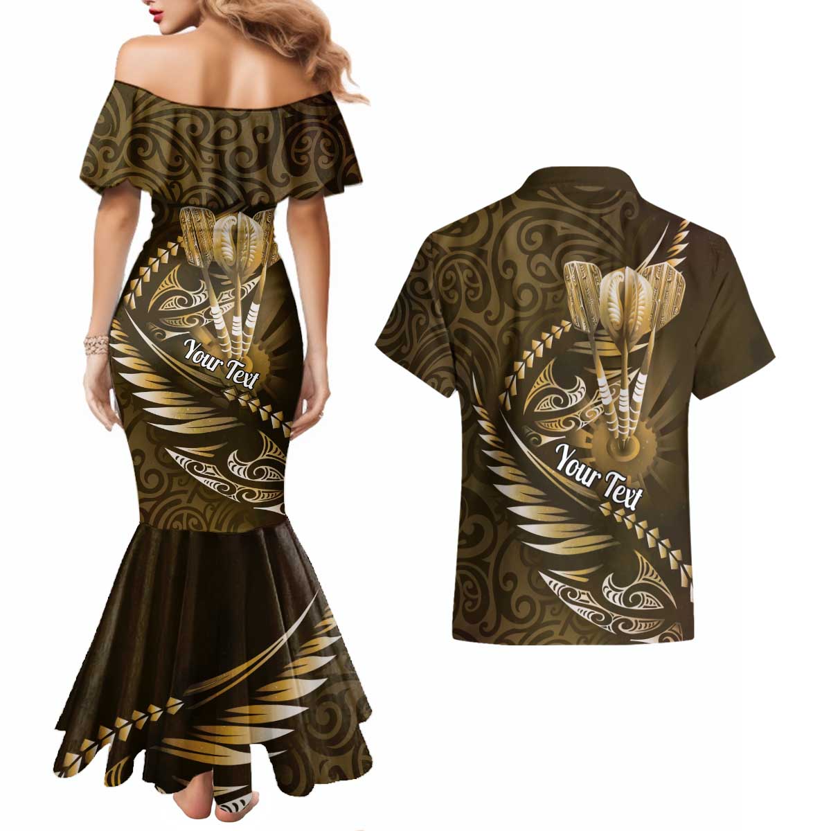 Personalised All Gold New Zealand Darts Couples Matching Mermaid Dress and Hawaiian Shirt Aoteroa Fern Maori Galaxy Style