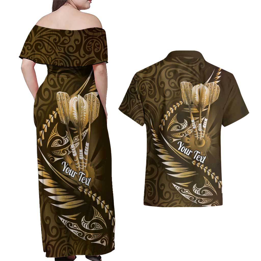 Personalised All Gold New Zealand Darts Couples Matching Off Shoulder Maxi Dress and Hawaiian Shirt Aoteroa Fern Maori Galaxy Style