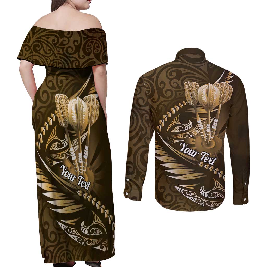Personalised All Gold New Zealand Darts Couples Matching Off Shoulder Maxi Dress and Long Sleeve Button Shirt Aoteroa Fern Maori Galaxy Style