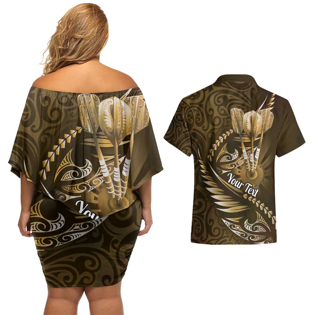 Personalised All Gold New Zealand Darts Couples Matching Off Shoulder Short Dress and Hawaiian Shirt Aoteroa Fern Maori Galaxy Style