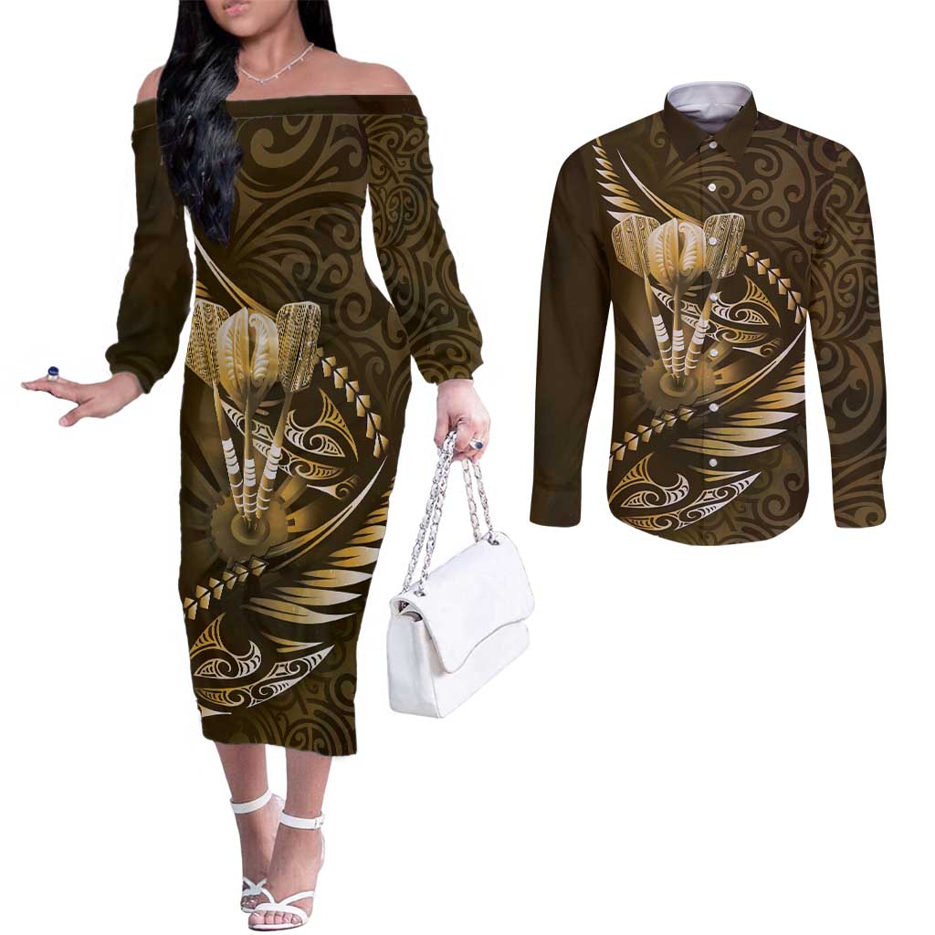 Personalised All Gold New Zealand Darts Couples Matching Off The Shoulder Long Sleeve Dress and Long Sleeve Button Shirt Aoteroa Fern Maori Galaxy Style