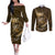 Personalised All Gold New Zealand Darts Couples Matching Off The Shoulder Long Sleeve Dress and Long Sleeve Button Shirt Aoteroa Fern Maori Galaxy Style