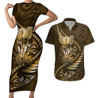 Personalised All Gold New Zealand Darts Couples Matching Short Sleeve Bodycon Dress and Hawaiian Shirt Aoteroa Fern Maori Galaxy Style