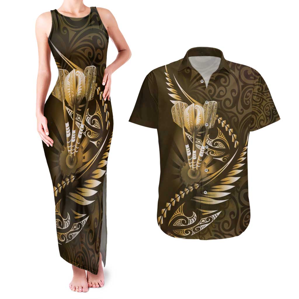 Personalised All Gold New Zealand Darts Couples Matching Tank Maxi Dress and Hawaiian Shirt Aoteroa Fern Maori Galaxy Style