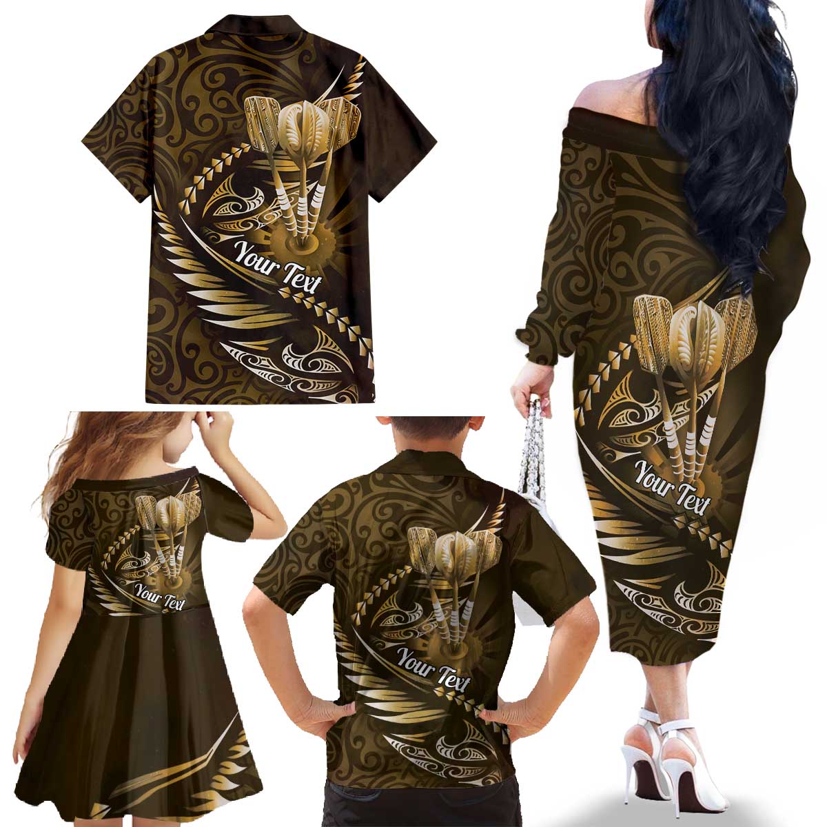 Personalised All Gold New Zealand Darts Family Matching Off The Shoulder Long Sleeve Dress and Hawaiian Shirt Aoteroa Fern Maori Galaxy Style