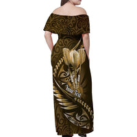 Personalised All Gold New Zealand Darts Family Matching Off Shoulder Maxi Dress and Hawaiian Shirt Aoteroa Fern Maori Galaxy Style