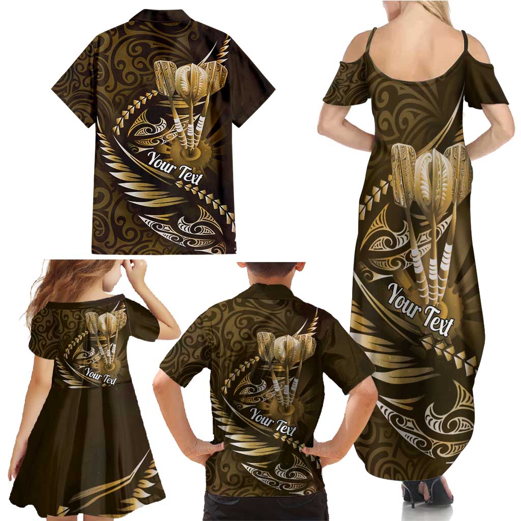 Personalised All Gold New Zealand Darts Family Matching Summer Maxi Dress and Hawaiian Shirt Aoteroa Fern Maori Galaxy Style