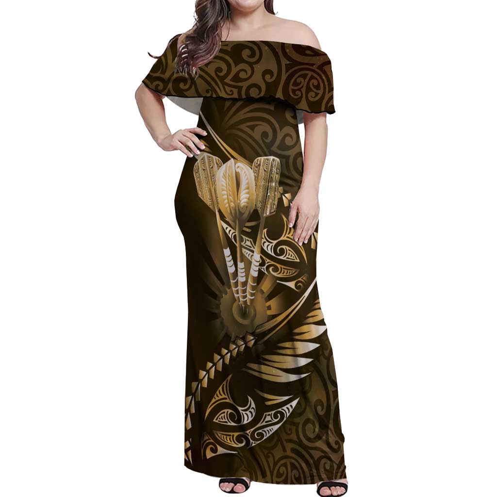 Personalised All Gold New Zealand Darts Off Shoulder Maxi Dress Aoteroa Fern Maori Galaxy Style