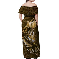 Personalised All Gold New Zealand Darts Off Shoulder Maxi Dress Aoteroa Fern Maori Galaxy Style