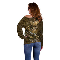 Personalised All Gold New Zealand Darts Off Shoulder Sweater Aoteroa Fern Maori Galaxy Style