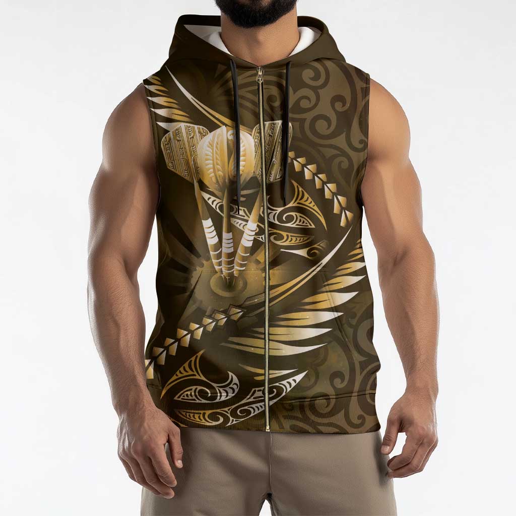 Personalised All Gold New Zealand Darts Sleeveless Zip Hoodie Aoteroa Fern Maori Galaxy Style - Polynesian Pride