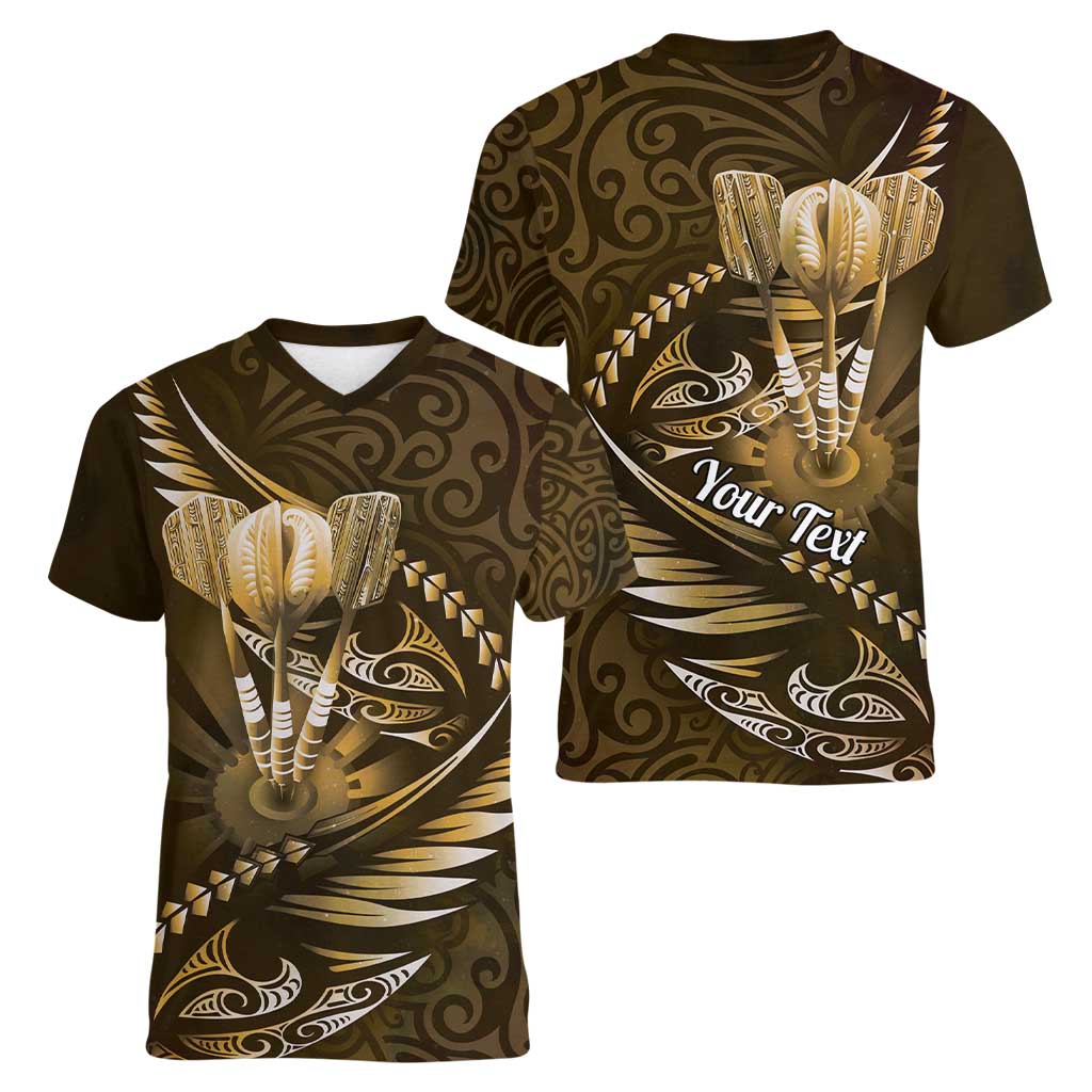 Personalised All Gold New Zealand Darts Women V-Neck T-Shirt Aoteroa Fern Maori Galaxy Style