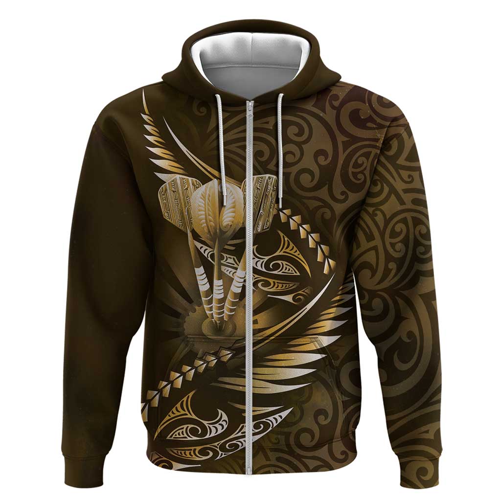 Personalised All Gold New Zealand Darts Zip Hoodie Aoteroa Fern Maori Galaxy Style
