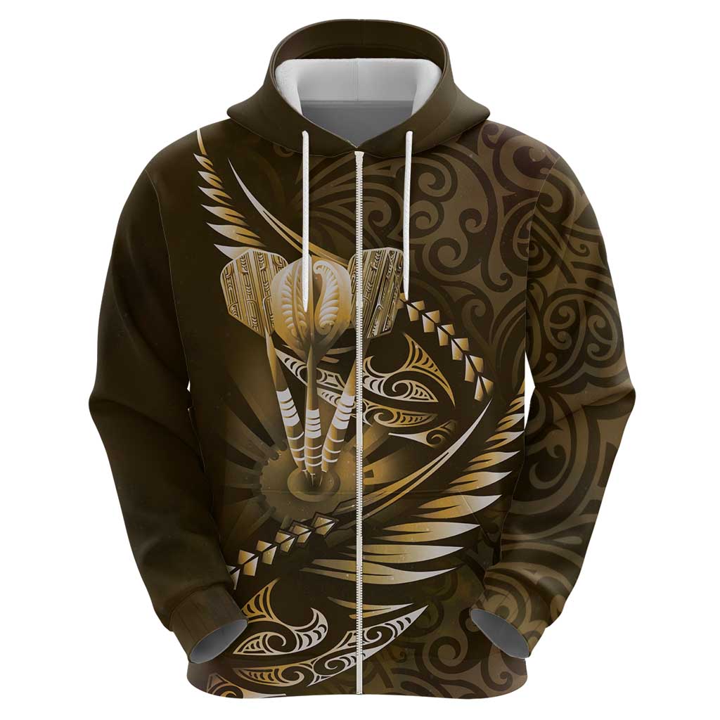 Personalised All Gold New Zealand Darts Zip Hoodie Aoteroa Fern Maori Galaxy Style