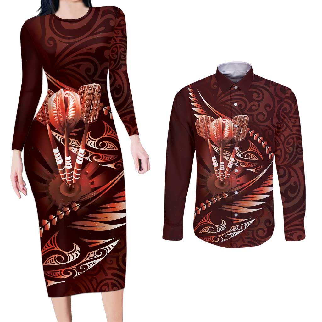 Personalised All Red New Zealand Darts Couples Matching Long Sleeve Bodycon Dress and Long Sleeve Button Shirt Aoteroa Fern Maori Galaxy Style