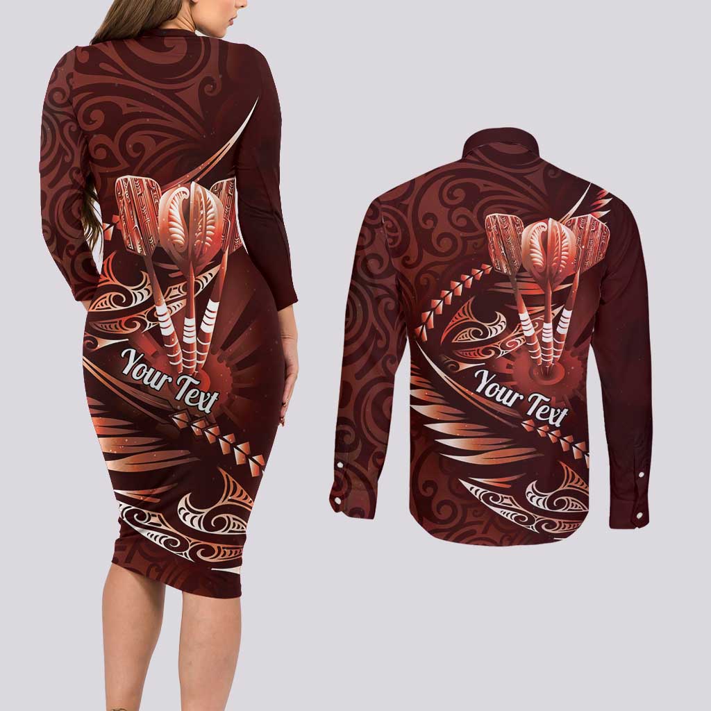 Personalised All Red New Zealand Darts Couples Matching Long Sleeve Bodycon Dress and Long Sleeve Button Shirt Aoteroa Fern Maori Galaxy Style