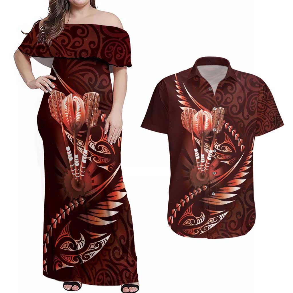 Personalised All Red New Zealand Darts Couples Matching Off Shoulder Maxi Dress and Hawaiian Shirt Aoteroa Fern Maori Galaxy Style