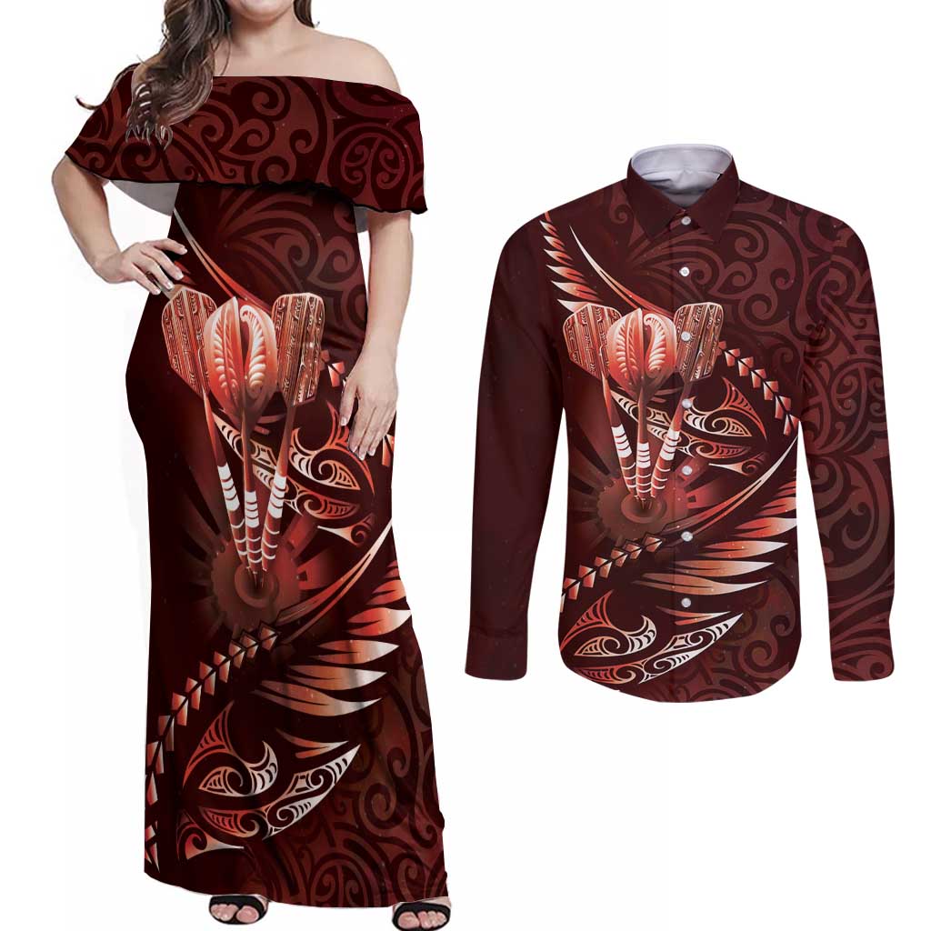 Personalised All Red New Zealand Darts Couples Matching Off Shoulder Maxi Dress and Long Sleeve Button Shirt Aoteroa Fern Maori Galaxy Style