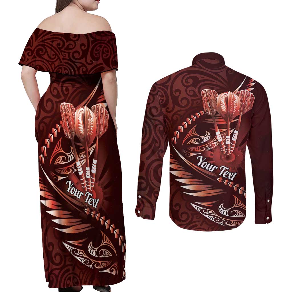 Personalised All Red New Zealand Darts Couples Matching Off Shoulder Maxi Dress and Long Sleeve Button Shirt Aoteroa Fern Maori Galaxy Style
