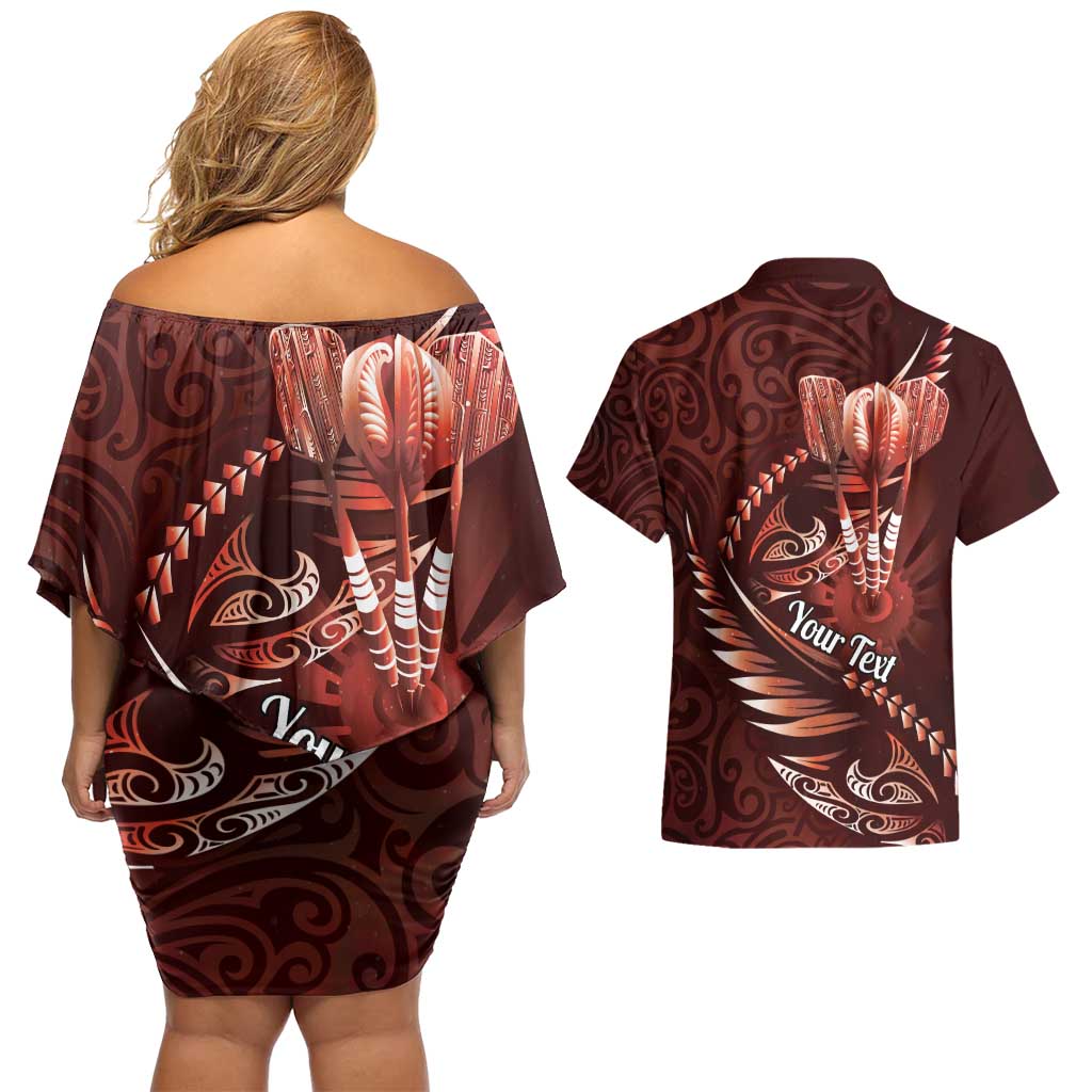 Personalised All Red New Zealand Darts Couples Matching Off Shoulder Short Dress and Hawaiian Shirt Aoteroa Fern Maori Galaxy Style
