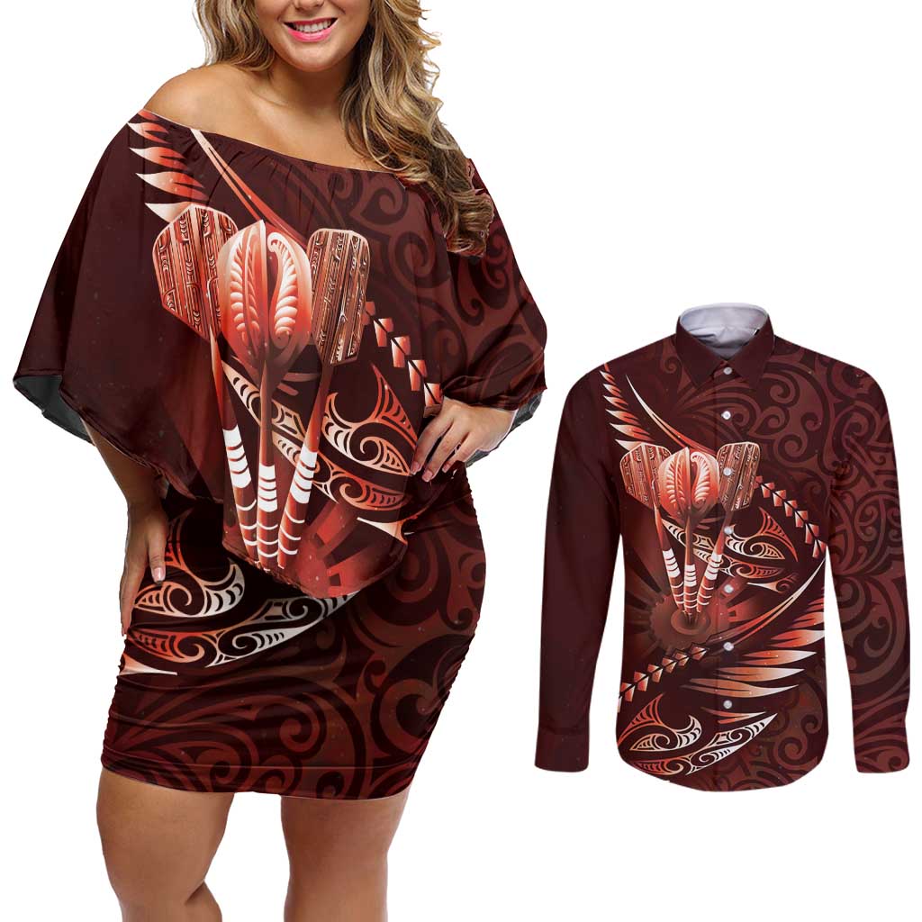 Personalised All Red New Zealand Darts Couples Matching Off Shoulder Short Dress and Long Sleeve Button Shirt Aoteroa Fern Maori Galaxy Style