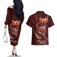 Personalised All Red New Zealand Darts Couples Matching Off The Shoulder Long Sleeve Dress and Hawaiian Shirt Aoteroa Fern Maori Galaxy Style