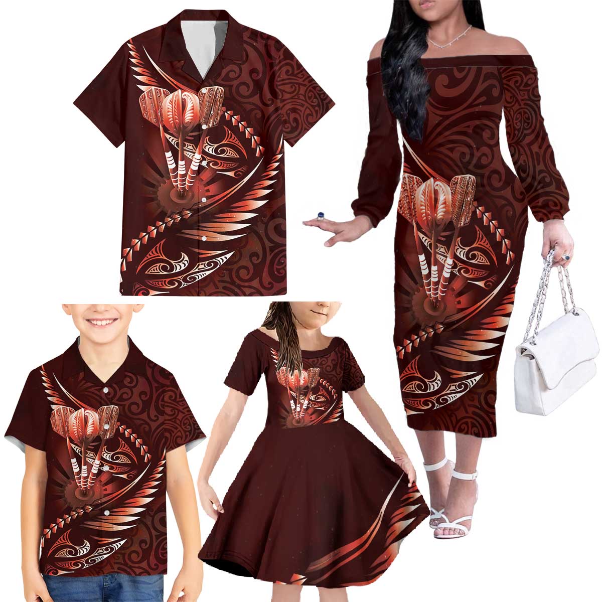 Personalised All Red New Zealand Darts Family Matching Off The Shoulder Long Sleeve Dress and Hawaiian Shirt Aoteroa Fern Maori Galaxy Style