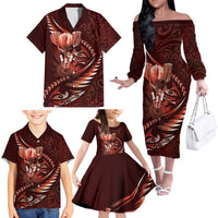 Personalised All Red New Zealand Darts Family Matching Off The Shoulder Long Sleeve Dress and Hawaiian Shirt Aoteroa Fern Maori Galaxy Style