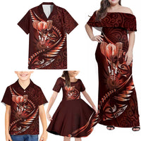 Personalised All Red New Zealand Darts Family Matching Off Shoulder Maxi Dress and Hawaiian Shirt Aoteroa Fern Maori Galaxy Style