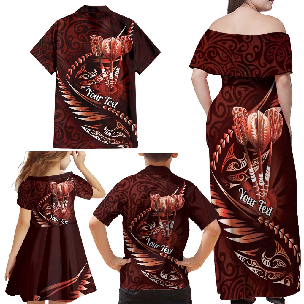 Personalised All Red New Zealand Darts Family Matching Off Shoulder Maxi Dress and Hawaiian Shirt Aoteroa Fern Maori Galaxy Style