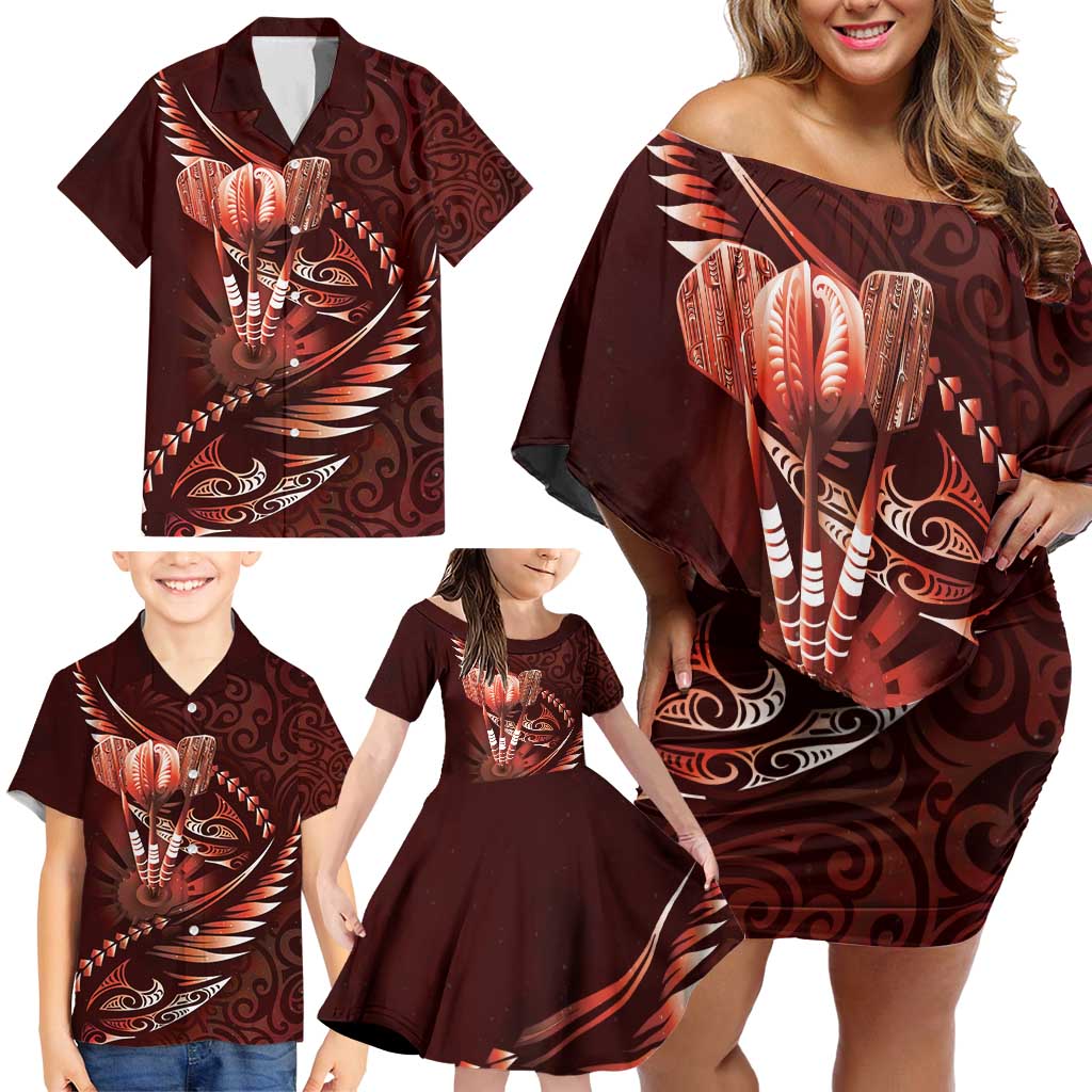 Personalised All Red New Zealand Darts Family Matching Off Shoulder Short Dress and Hawaiian Shirt Aoteroa Fern Maori Galaxy Style