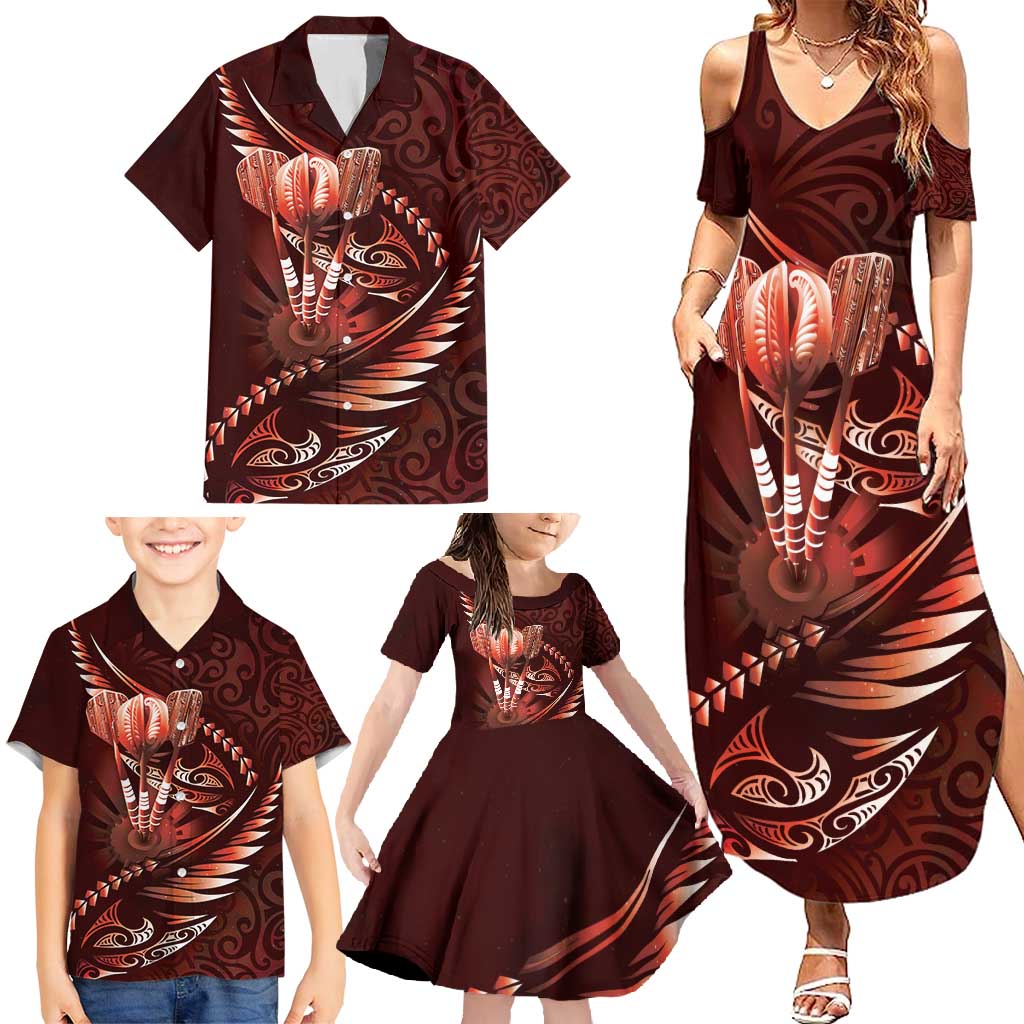 Personalised All Red New Zealand Darts Family Matching Summer Maxi Dress and Hawaiian Shirt Aoteroa Fern Maori Galaxy Style