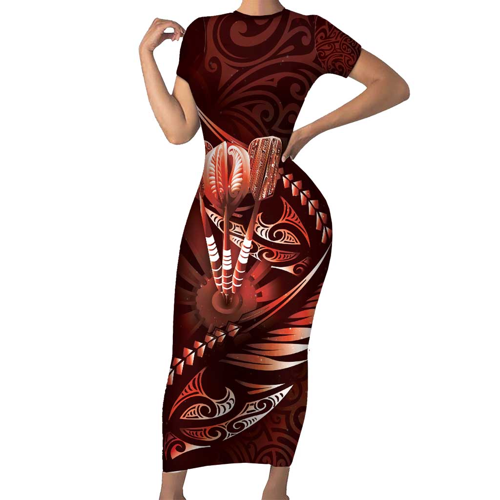 Personalised All Red New Zealand Darts Short Sleeve Bodycon Dress Aoteroa Fern Maori Galaxy Style
