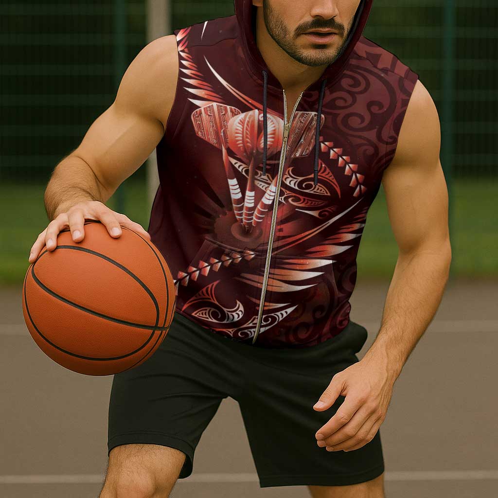 Personalised All Red New Zealand Darts Sleeveless Zip Hoodie Aoteroa Fern Maori Galaxy Style - Polynesian Pride