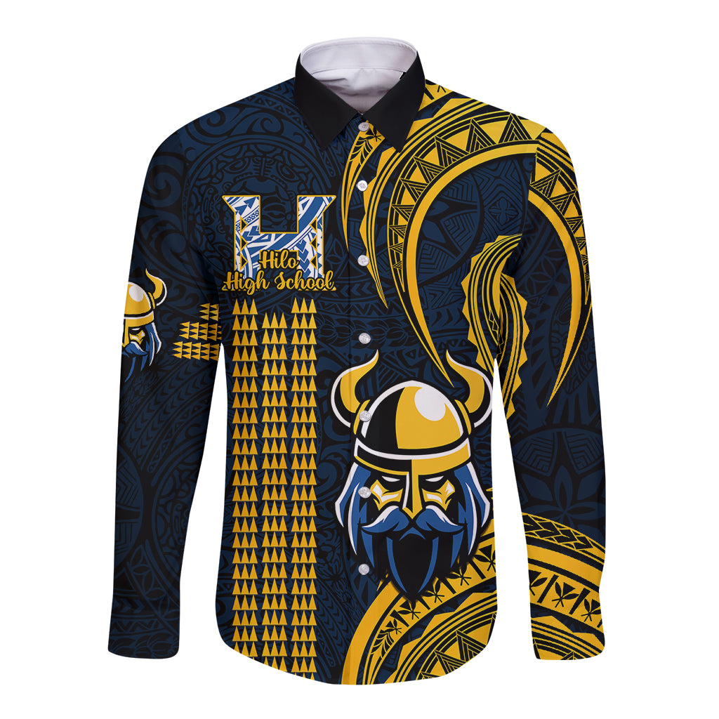 Hawaii Hilo High School Long Sleeve Button Shirt Vikings Polynesian Kakau Pattern LT14 Unisex Gold - Polynesian Pride