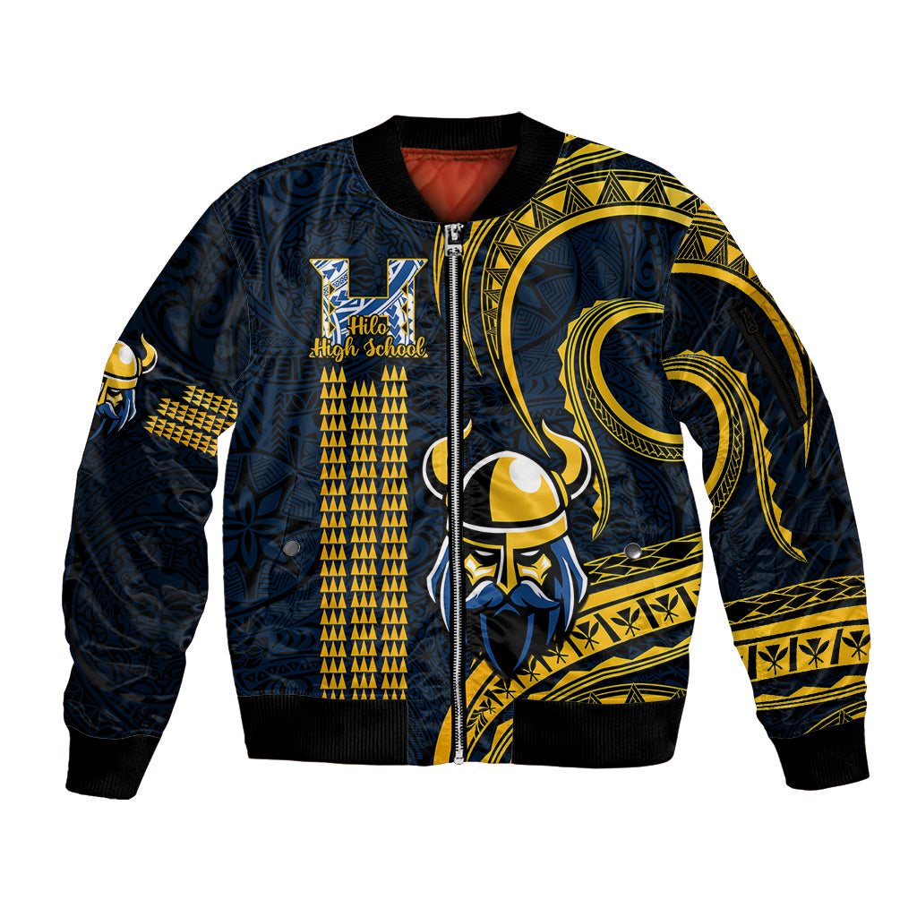 Hawaii Hilo High School Sleeve Zip Bomber Jacket Vikings Polynesian Kakau Pattern LT14 Unisex Gold - Polynesian Pride