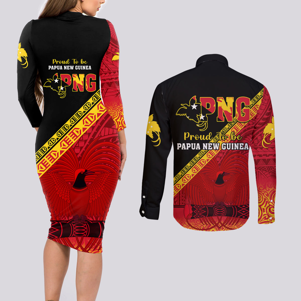 Papua New Guinea Couples Matching Long Sleeve Bodycon Dress and Long Sleeve Button Shirts Independen Stet bilong Papua Niugini Unique Version LT14 - Polynesian Pride