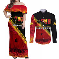 Papua New Guinea Couples Matching Off Shoulder Maxi Dress and Long Sleeve Button Shirts Independen Stet bilong Papua Niugini Unique Version LT14 Red - Polynesian Pride