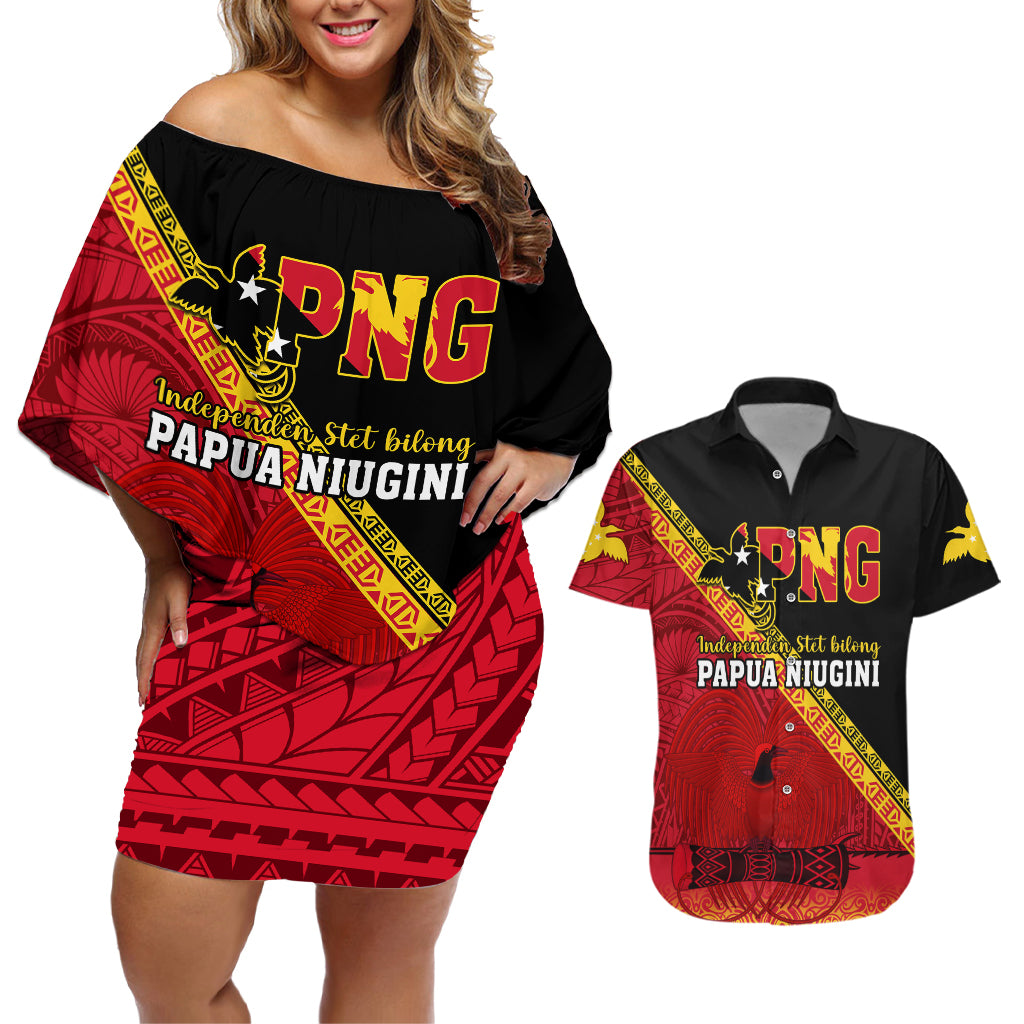 Papua New Guinea Couples Matching Off Shoulder Short Dress and Hawaiian Shirt Independen Stet bilong Papua Niugini Unique Version LT14 Red - Polynesian Pride