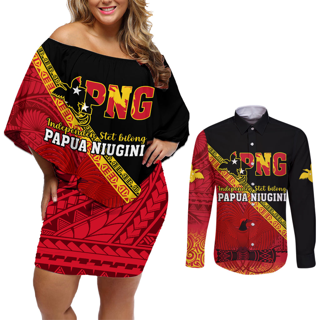 Papua New Guinea Couples Matching Off Shoulder Short Dress and Long Sleeve Button Shirts Independen Stet bilong Papua Niugini Unique Version LT14 Red - Polynesian Pride