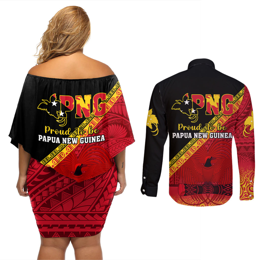 Papua New Guinea Couples Matching Off Shoulder Short Dress and Long Sleeve Button Shirts Independen Stet bilong Papua Niugini Unique Version LT14 - Polynesian Pride
